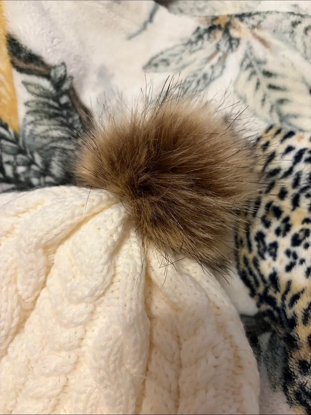 Timberland Cream Cable-Knit Beanie with Brown Faux Fur Pom